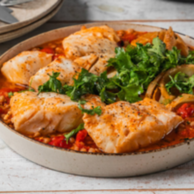 Cod cu roșii, fenicul caramelizat și couscous