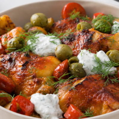 Pui cu harissa, feta și ierburi aromatice