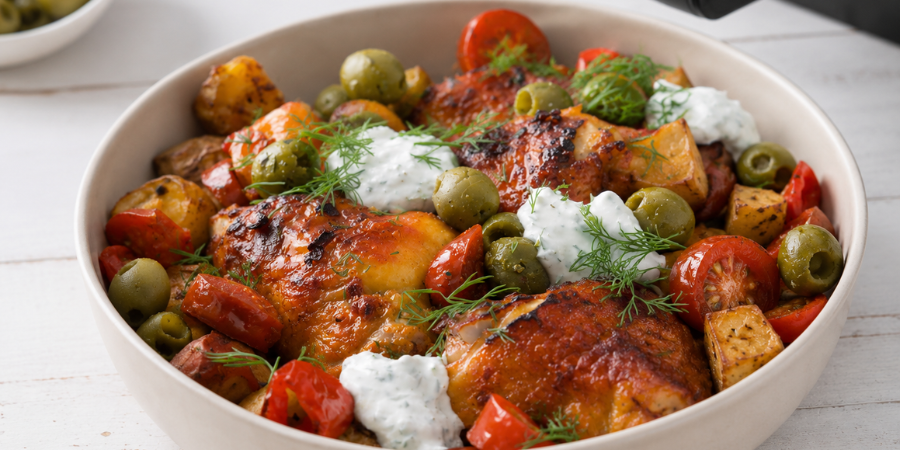 Pui cu harissa, feta și ierburi aromatice